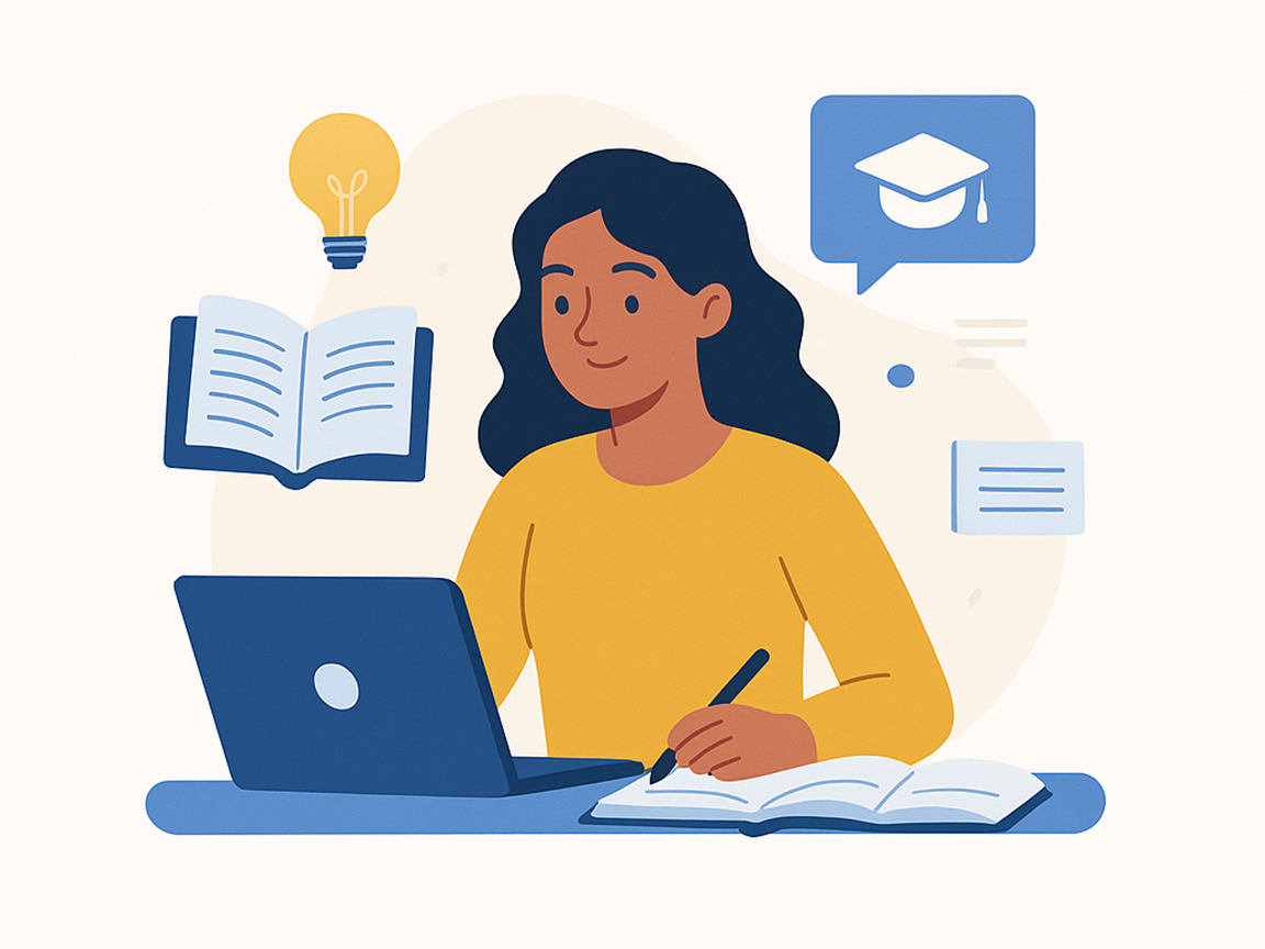 Illustration of a student using a laptop and notebook